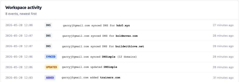 Domainion dashboard showing recent activity and workspace metrics