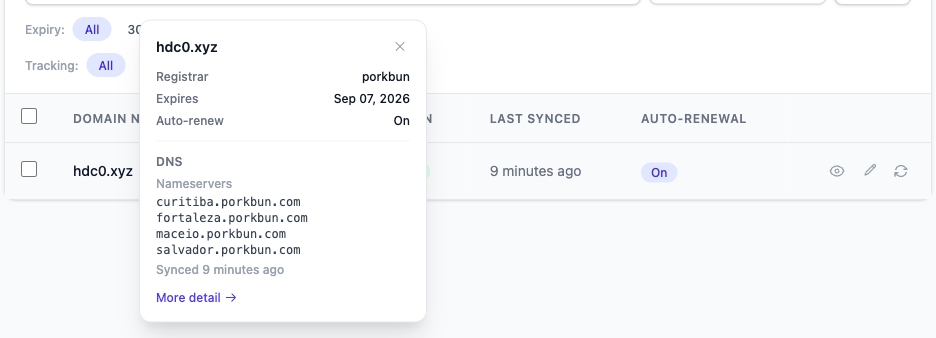 Domainion domain tooltip for hdc0.xyz showing synced Porkbun nameservers