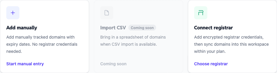 Domainion setup wizard showing manual entry, registrar sync, and CSV import options