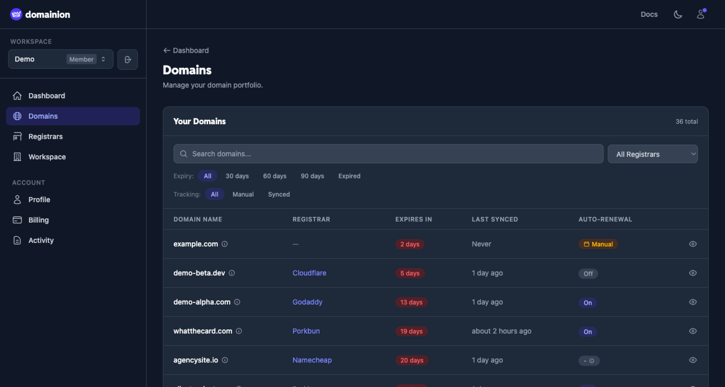 Domains page in dark mode showing search, expiry filters, and domain rows