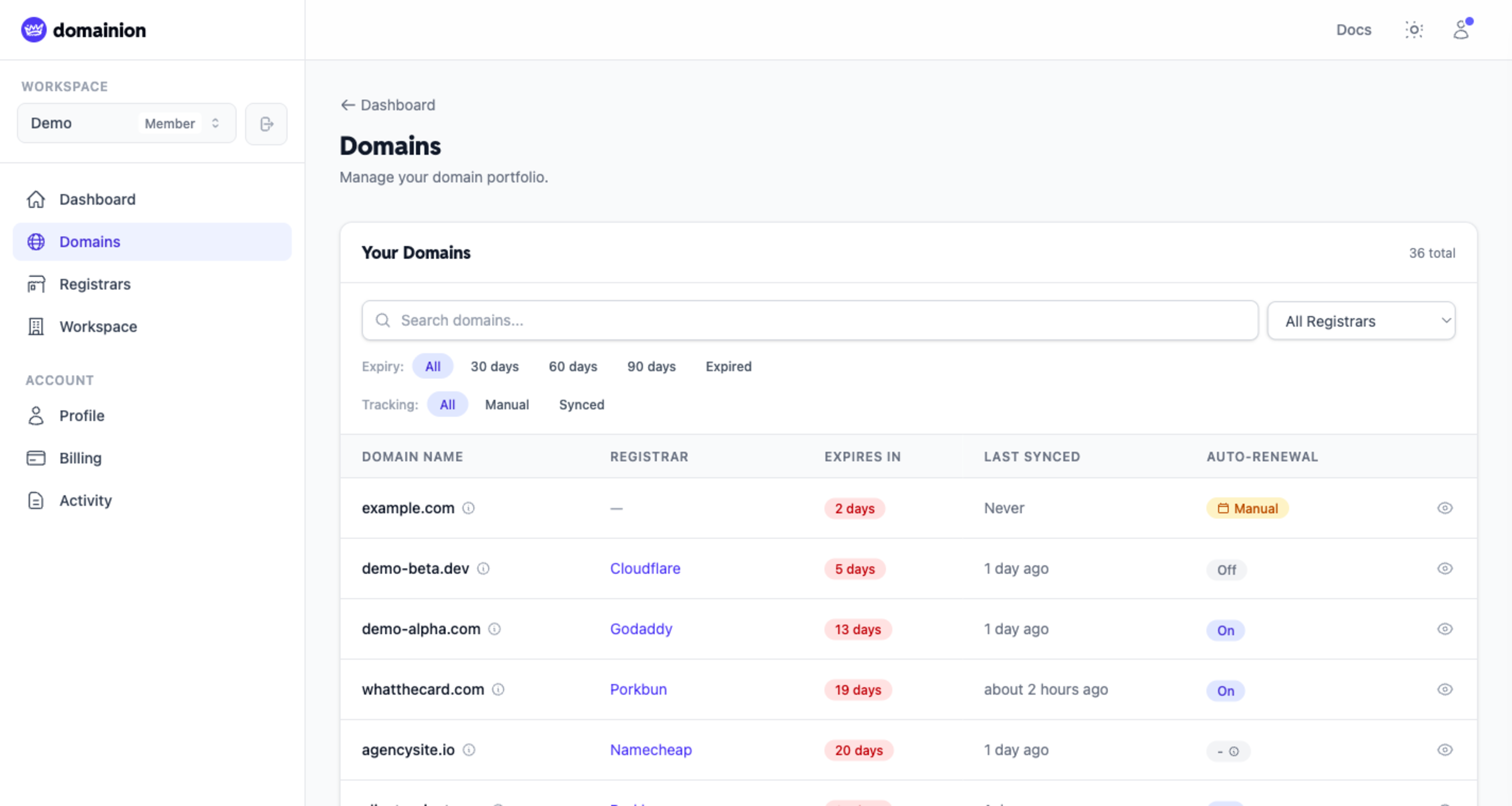 Domains page showing search, expiry filters, and domain rows