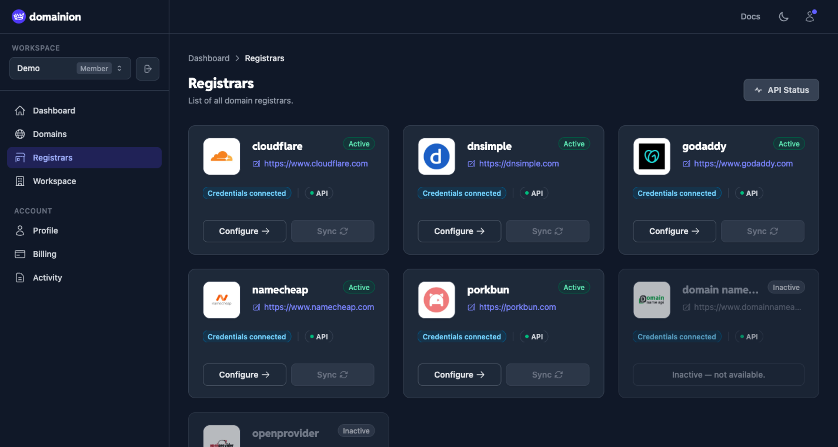 Registrar connections in dark mode showing sync status and credentials