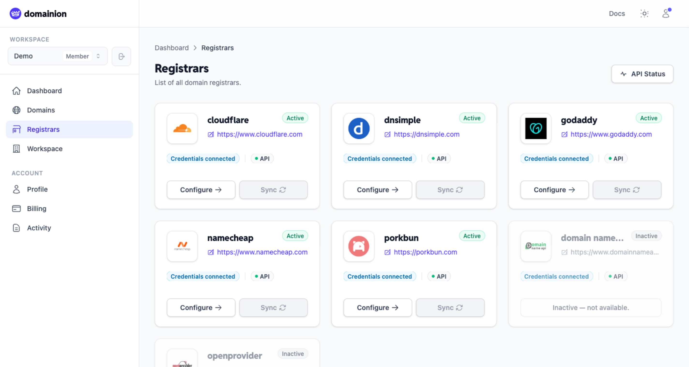 Registrar connections showing sync status and credentials