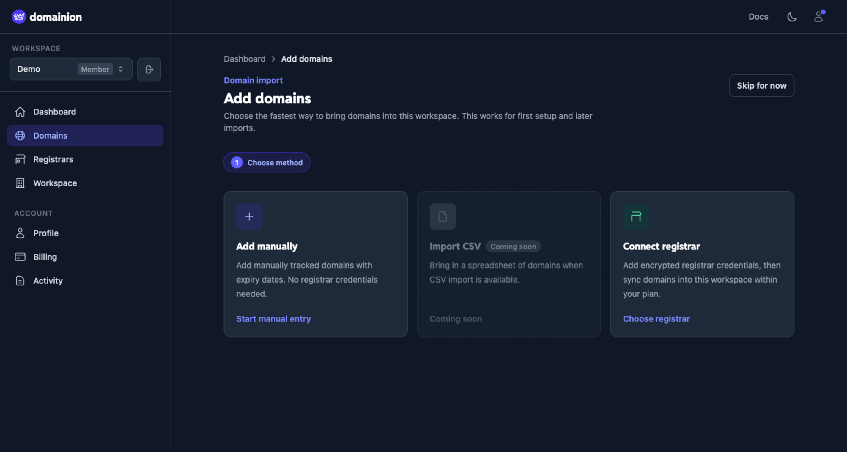 Add domains setup wizard in dark mode showing manual entry, registrar sync, and CSV import options