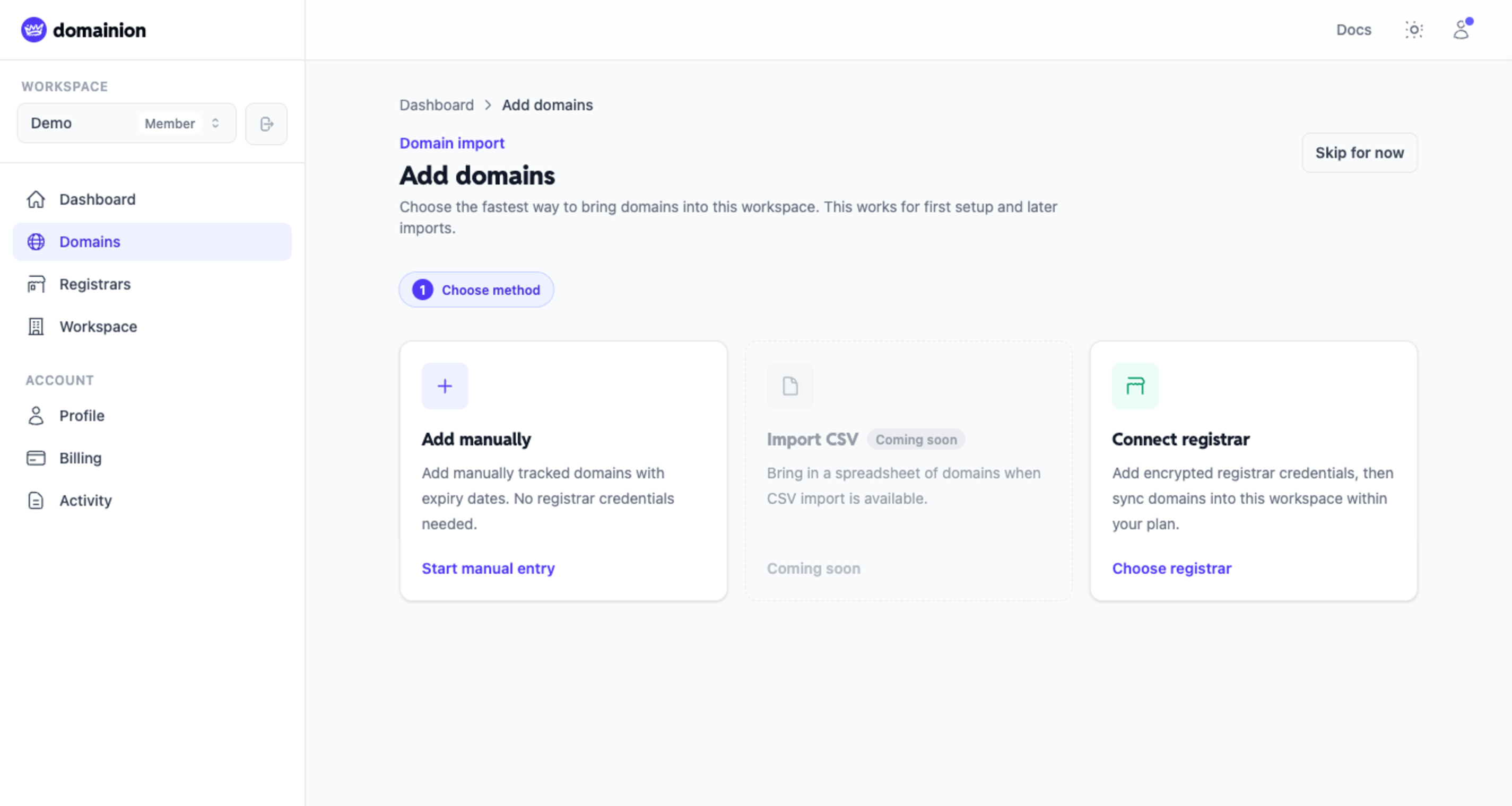 Add domains setup wizard showing manual entry, registrar sync, and CSV import options